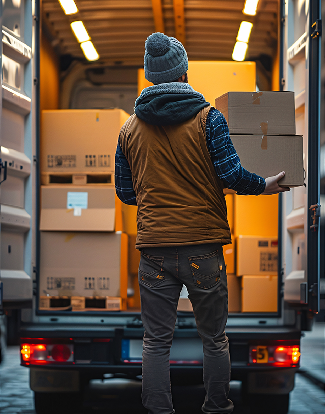 movers truck with man opening back door seeing boxes